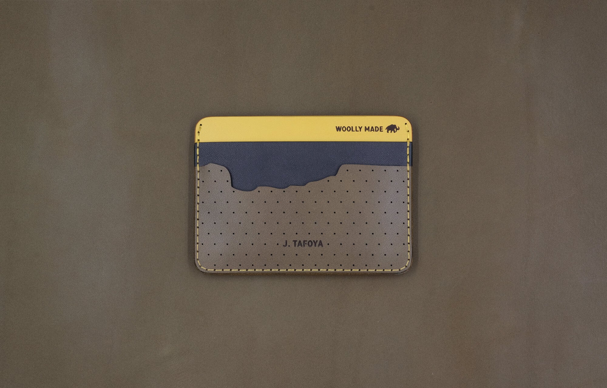 Custom University of Oregon Half Wallet with yellow, navy, and olive leather back view.