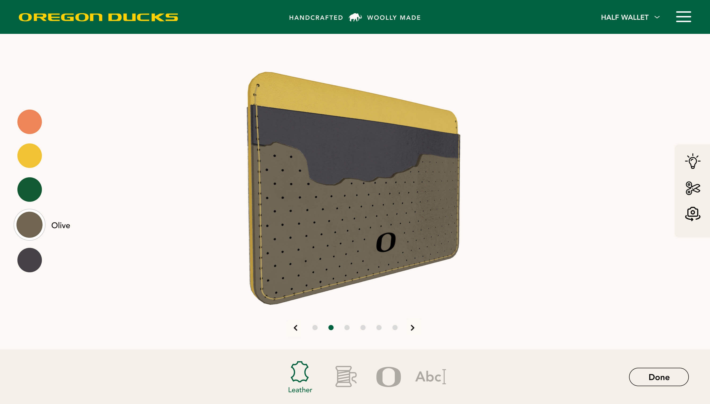 Image of Woolly Lab interface and custom University of Oregon Half Wallet with yellow, navy, and olive leather.