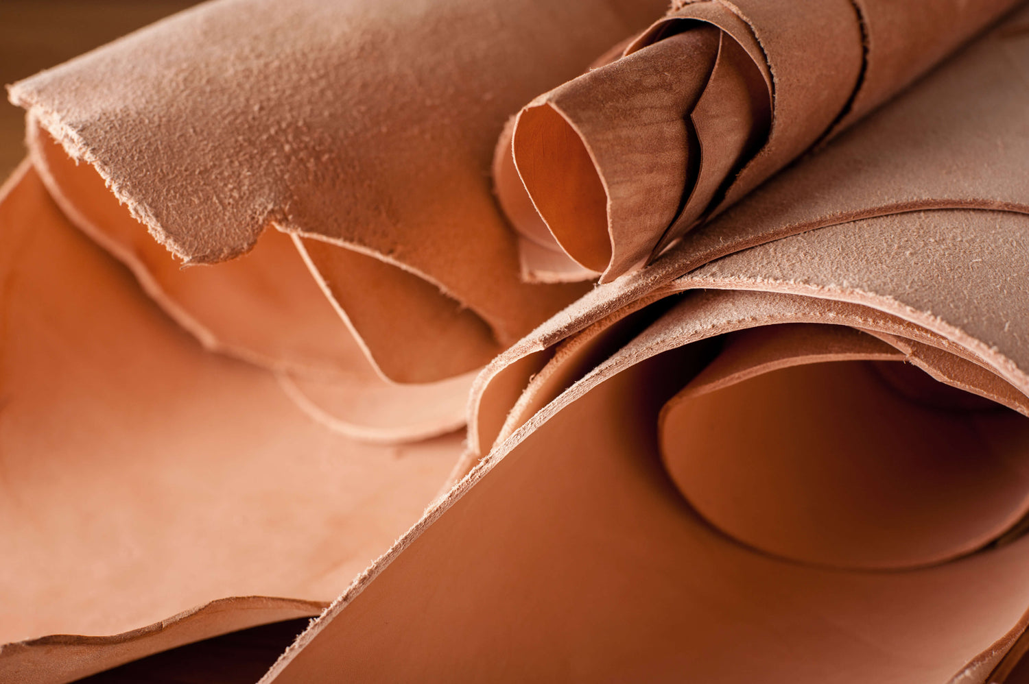Photo of rolls of tan leather hides.