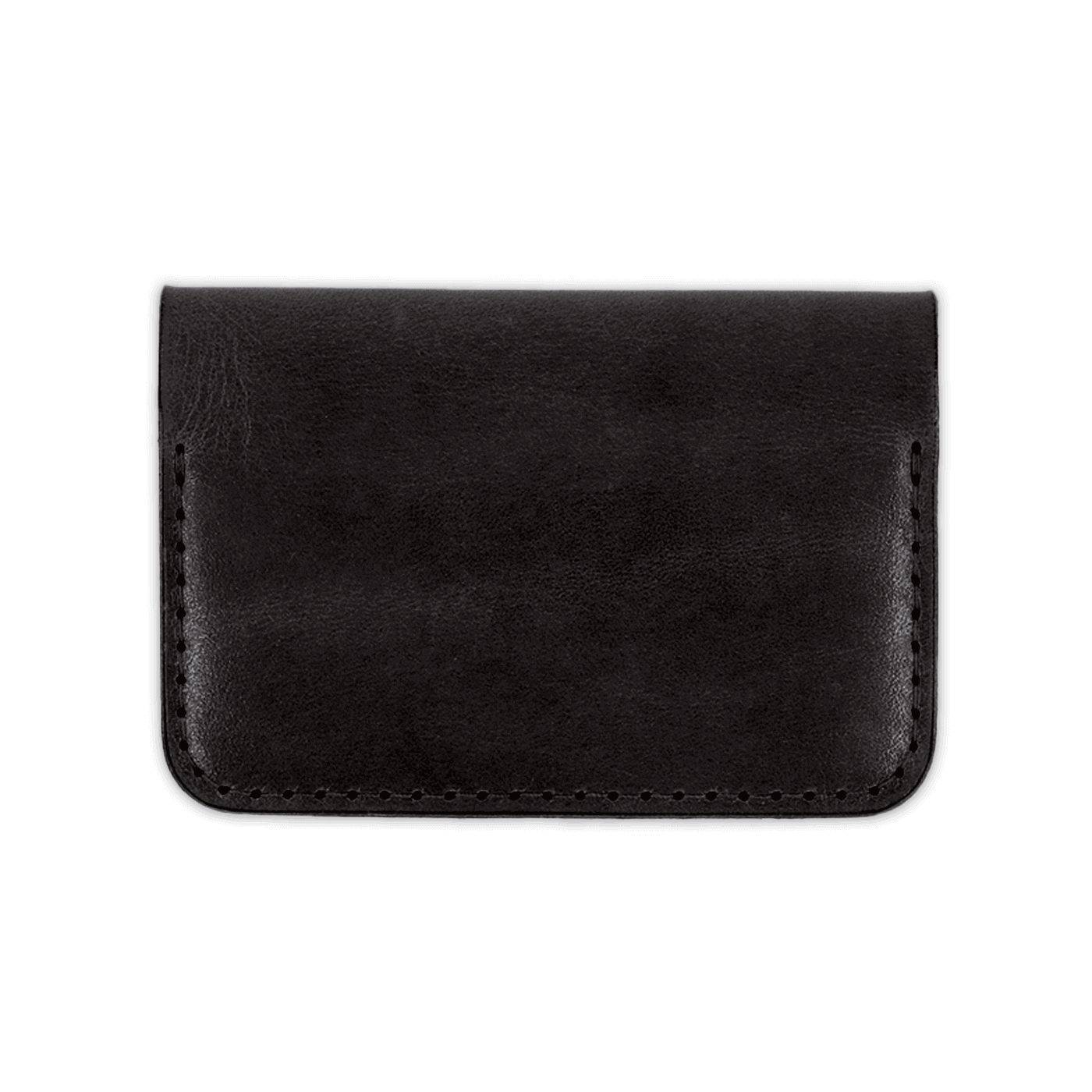 Black glazed leather wallet, front view.