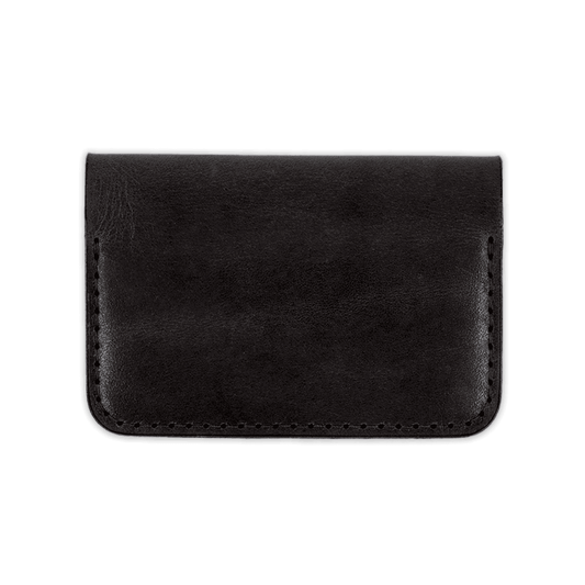 Black glazed leather wallet, front view.