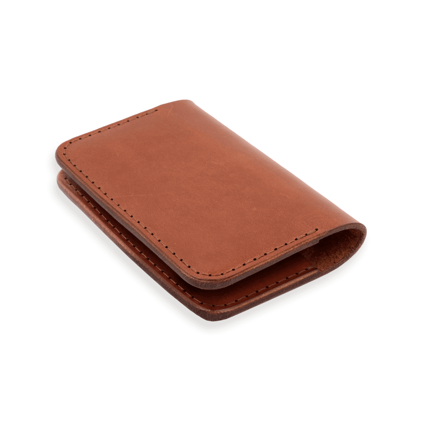Brown glazed leather wallet, 3/4 angle view.
