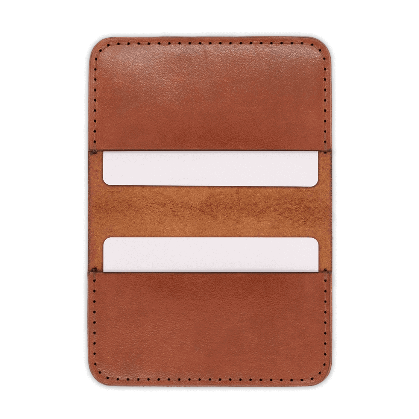 Brown glazed leather wallet, open view with white cards.