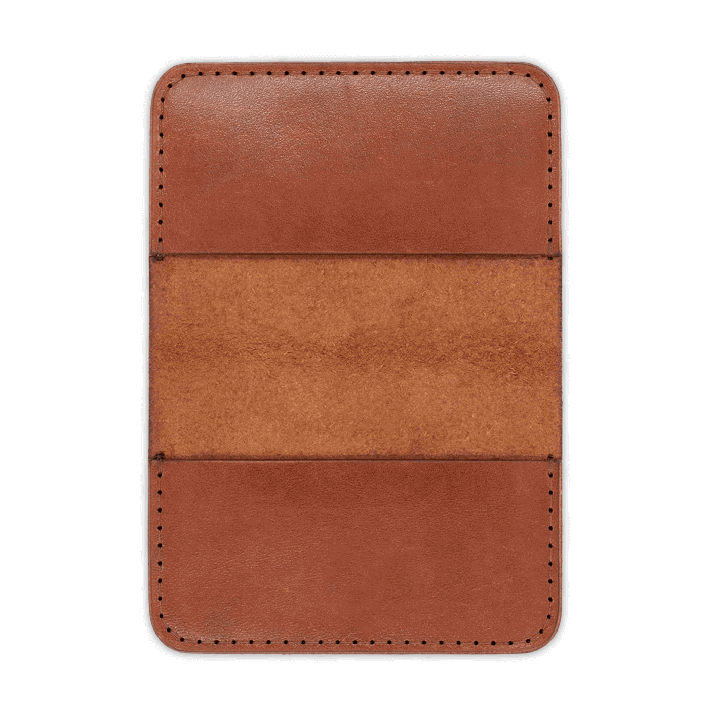 Brown glazed leather wallet, open view with no cards.