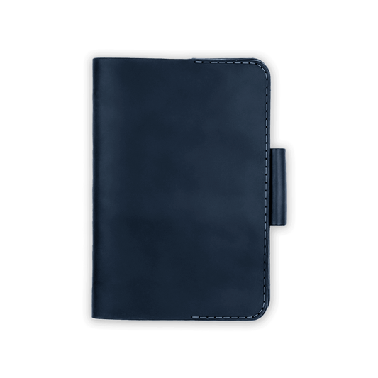 Navy leather golf scorecard holder closed view with stitching and side pencil holder.