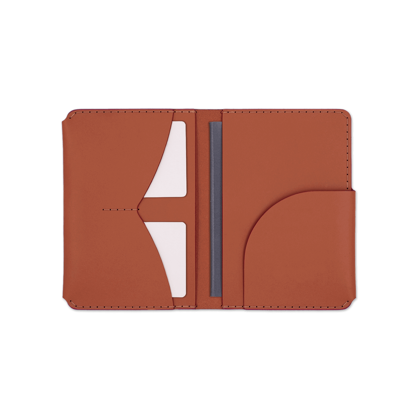 Brown leather passport wallet open view with Woolly Made logo, passport and white cards.