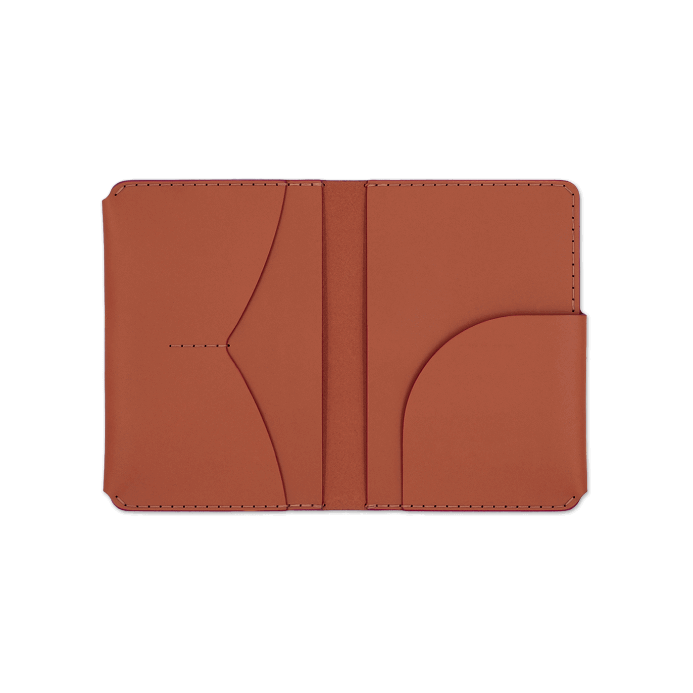 Brown leather passport wallet open view with Woolly Made logo.