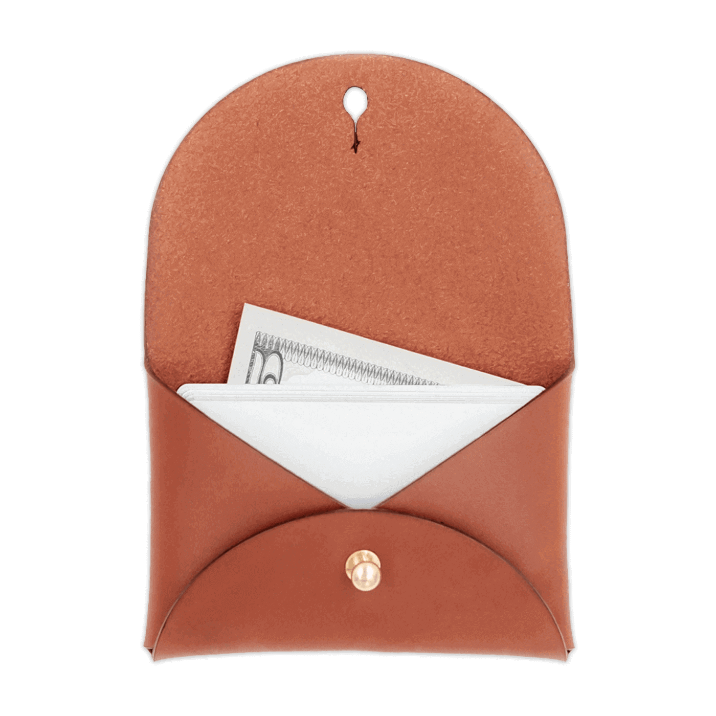 Brown leather Pouch Wallet open view with white cards, $5 bill, and brass hardware.