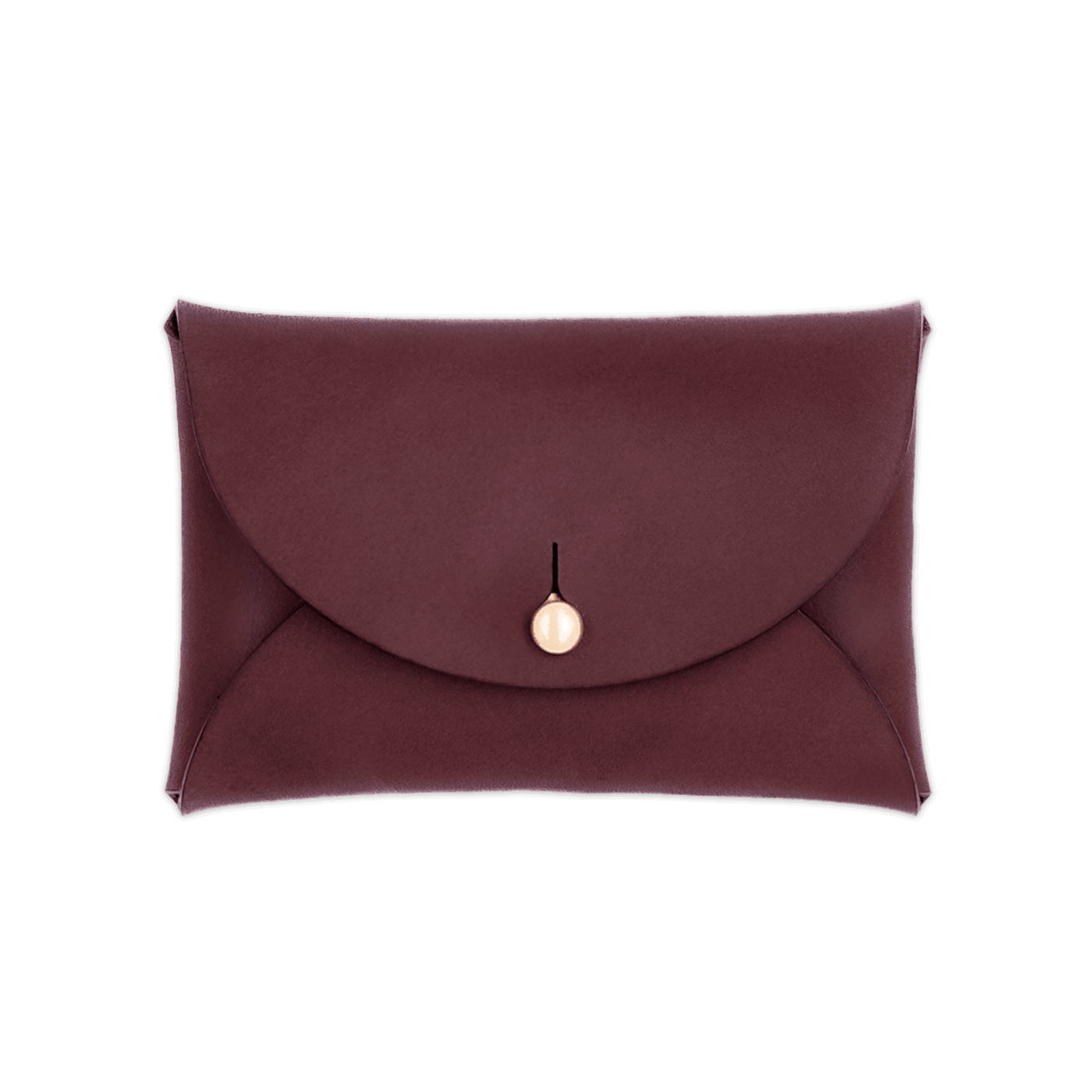 Burgundy leather Pouch Wallet closed view with brass hardware.