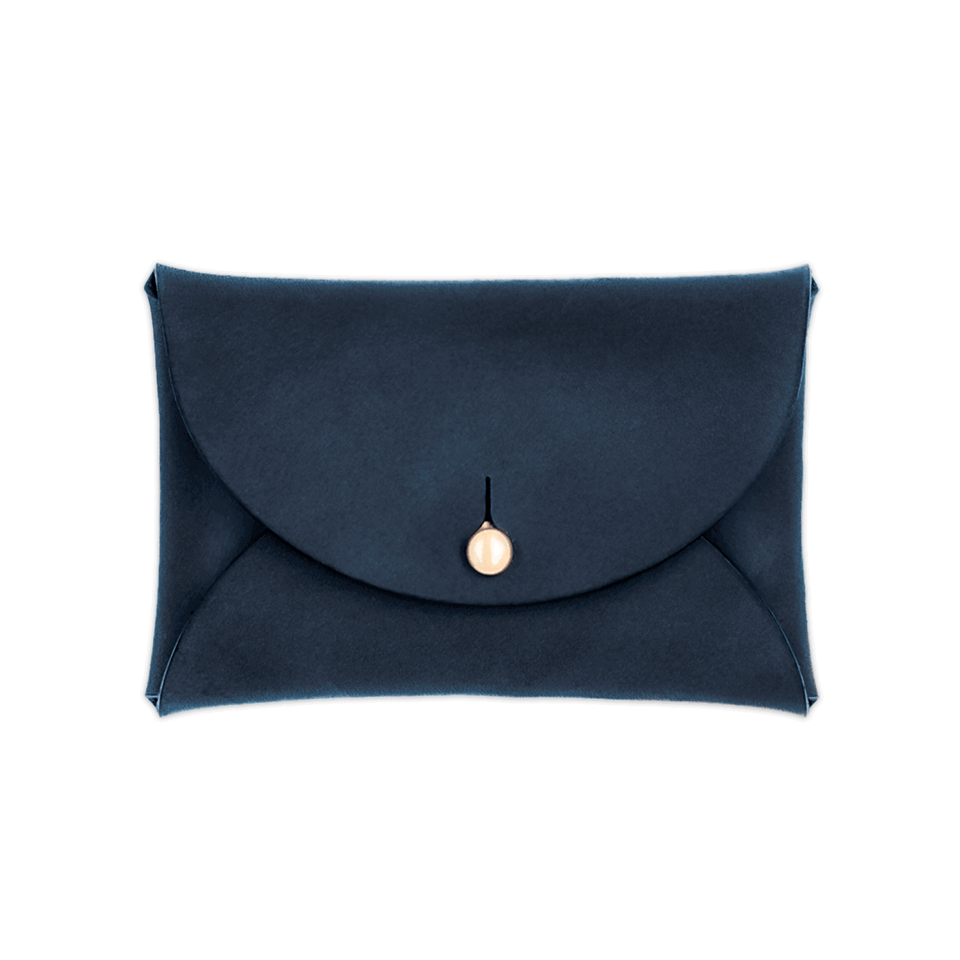 Navy leather Pouch Wallet closed view with brass hardware.