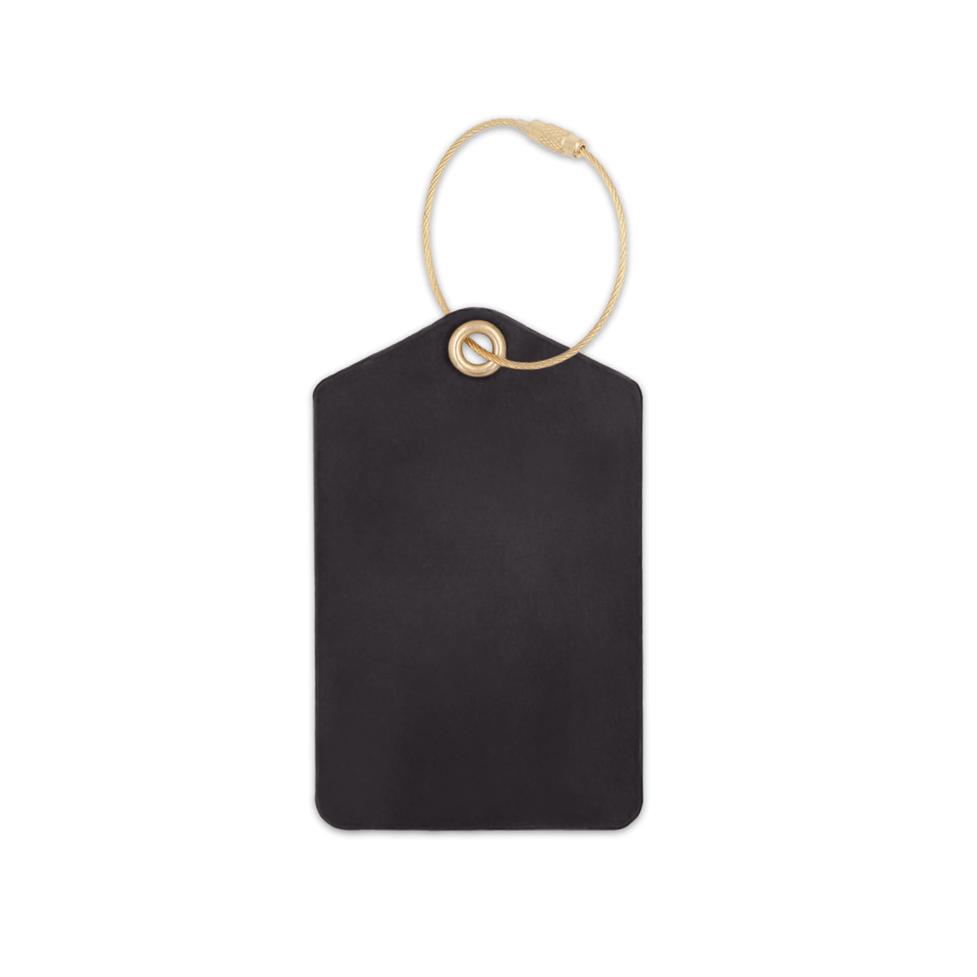 Black leather luggage tag with brass hardware.