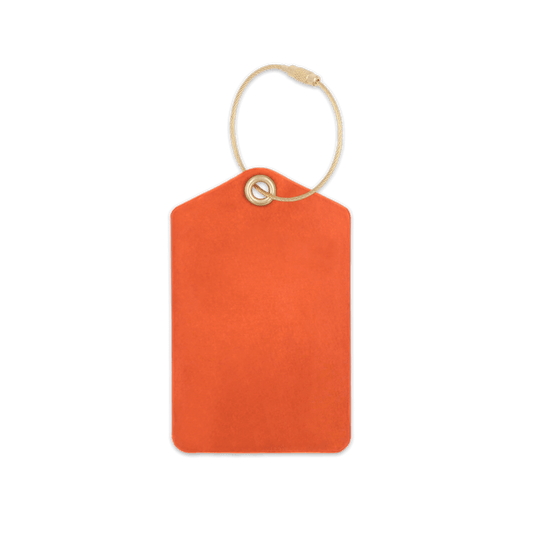 Orange leather luggage tag with brass hardware.