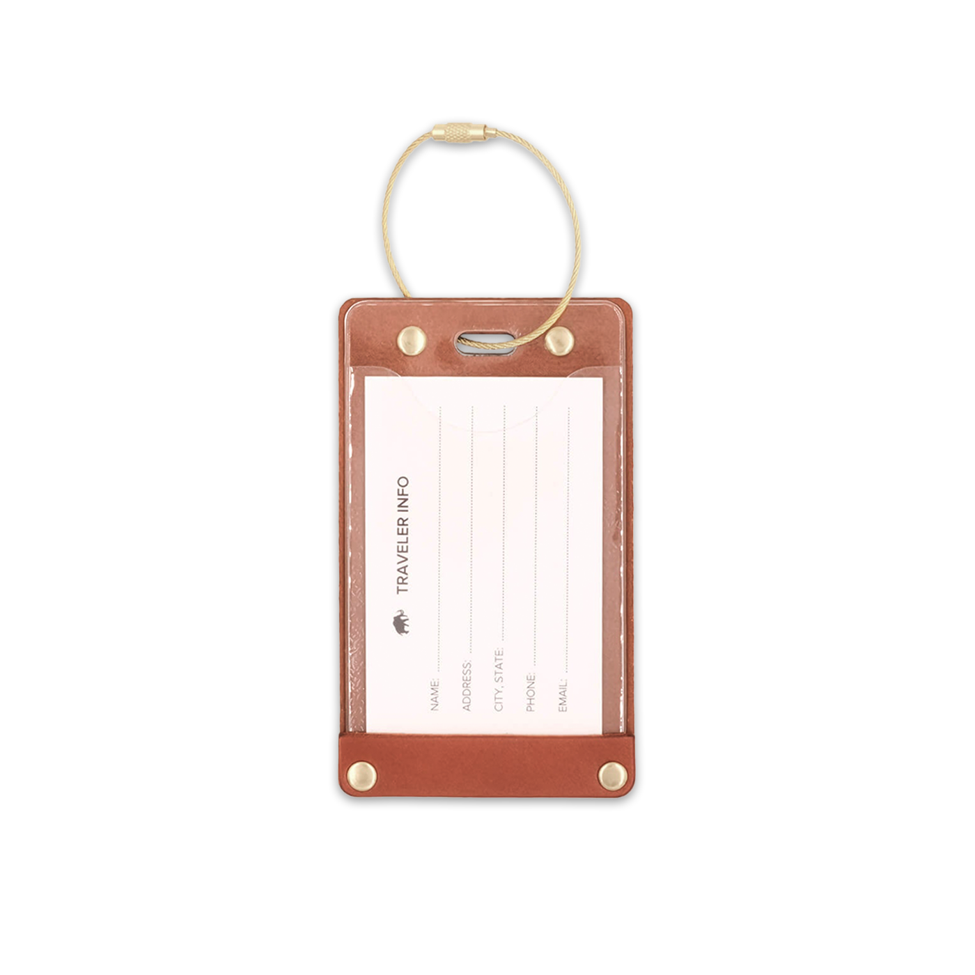 Brown leather rectangular luggage tag back view with brass hardware, clear pocket, and info card.