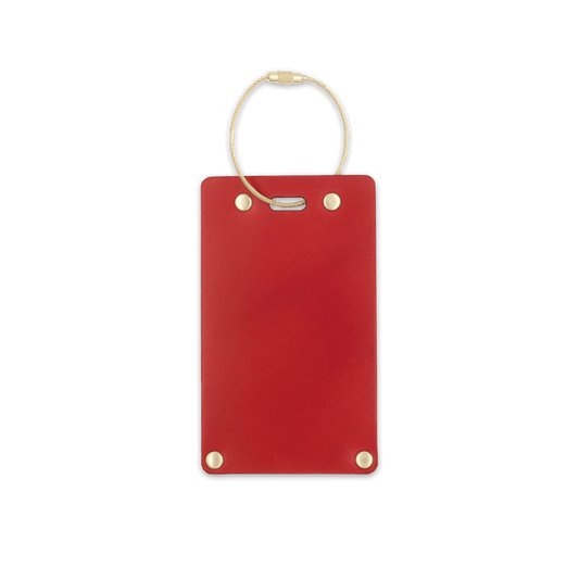 Red leather rectangular luggage tag front view with brass hardware.