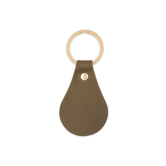 Olive leather teardrop-shaped keychain with brass hardware.
