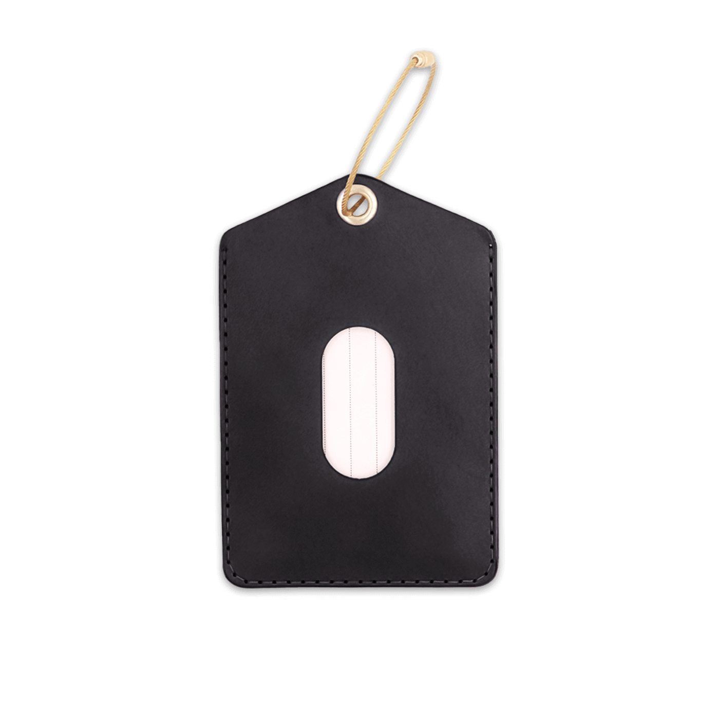 Black leather rectangular luggage tag with stitching, info card window, and brass hardware.