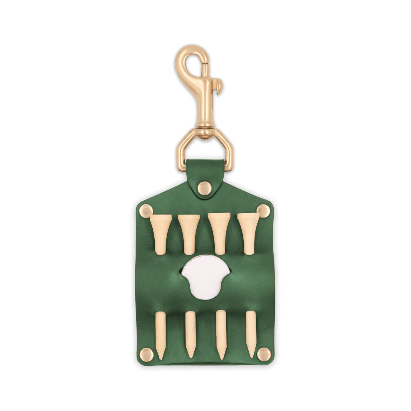 Green leather Golf Tee Holder with 4 wood tees, ball marker, and brass hardware.