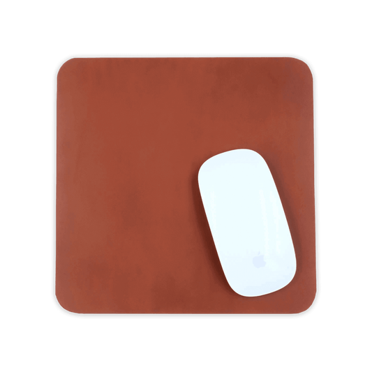 Brown leather square mousepad with white Apple mouse