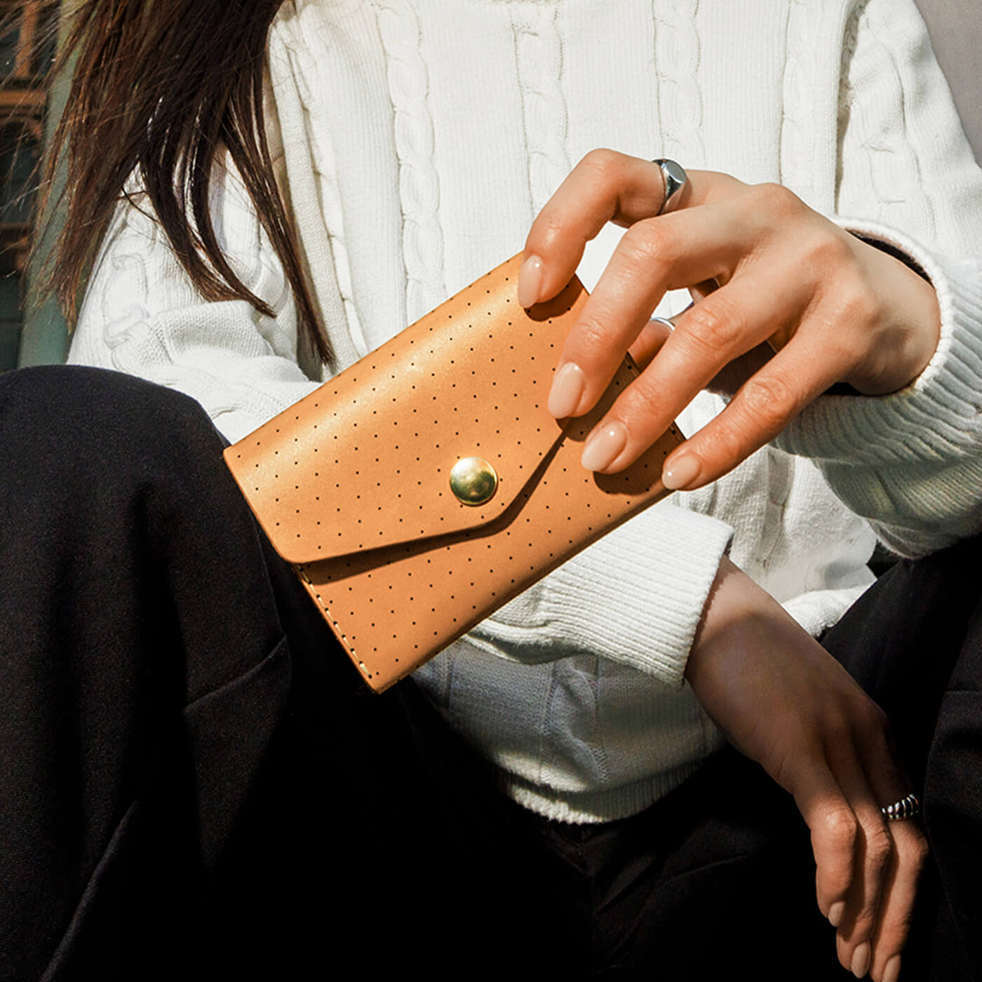 Snap Wallet in tan leather with perforated design