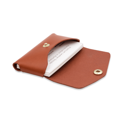 Business Card Holder open in brown.