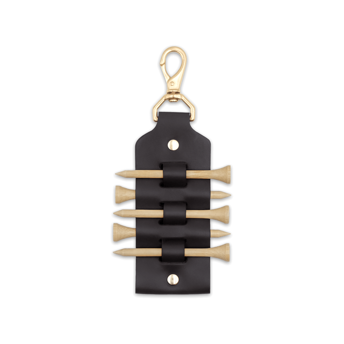 Black leather Golf Tee Holder with 5 wood tees, and brass hardware.