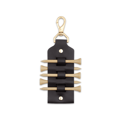 Black leather Golf Tee Holder with 5 wood tees, and brass hardware.