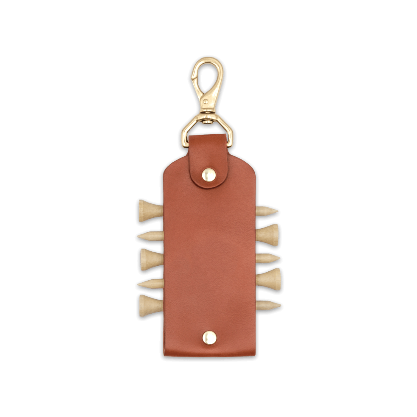 Brown leather Golf Tee Holder with 5 wood tees, and brass hardware.