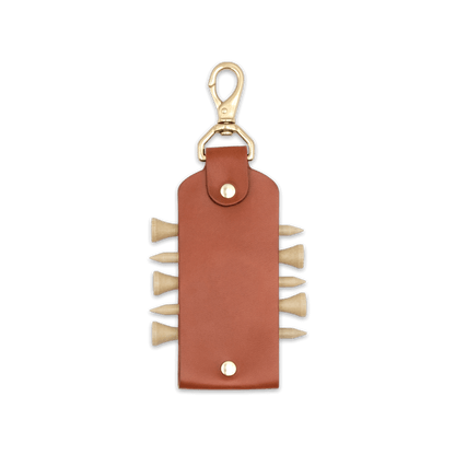 Brown leather Golf Tee Holder with 5 wood tees, and brass hardware.