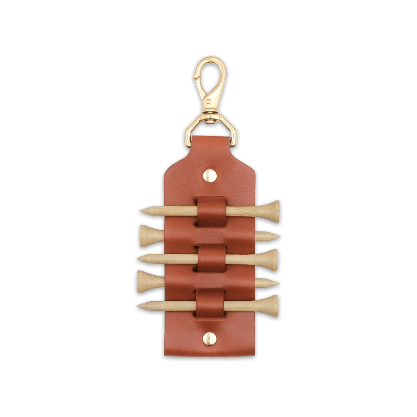 Brown leather Golf Tee Holder with 5 wood tees, and brass hardware.