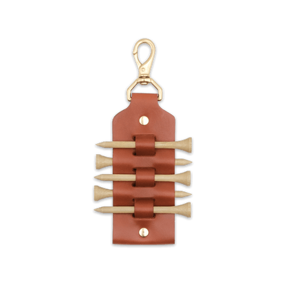 Brown leather Golf Tee Holder with 5 wood tees, and brass hardware.