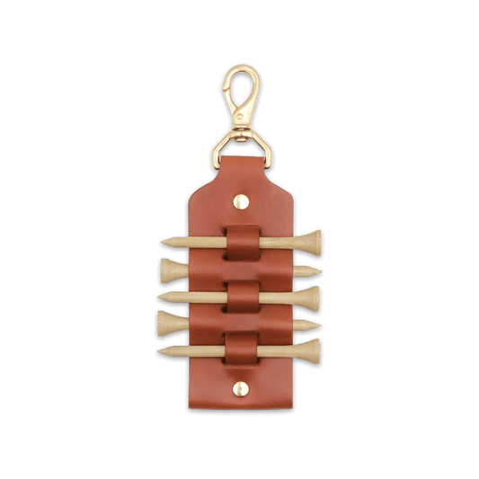 Brown leather Golf Tee Holder with 5 wood tees, and brass hardware.