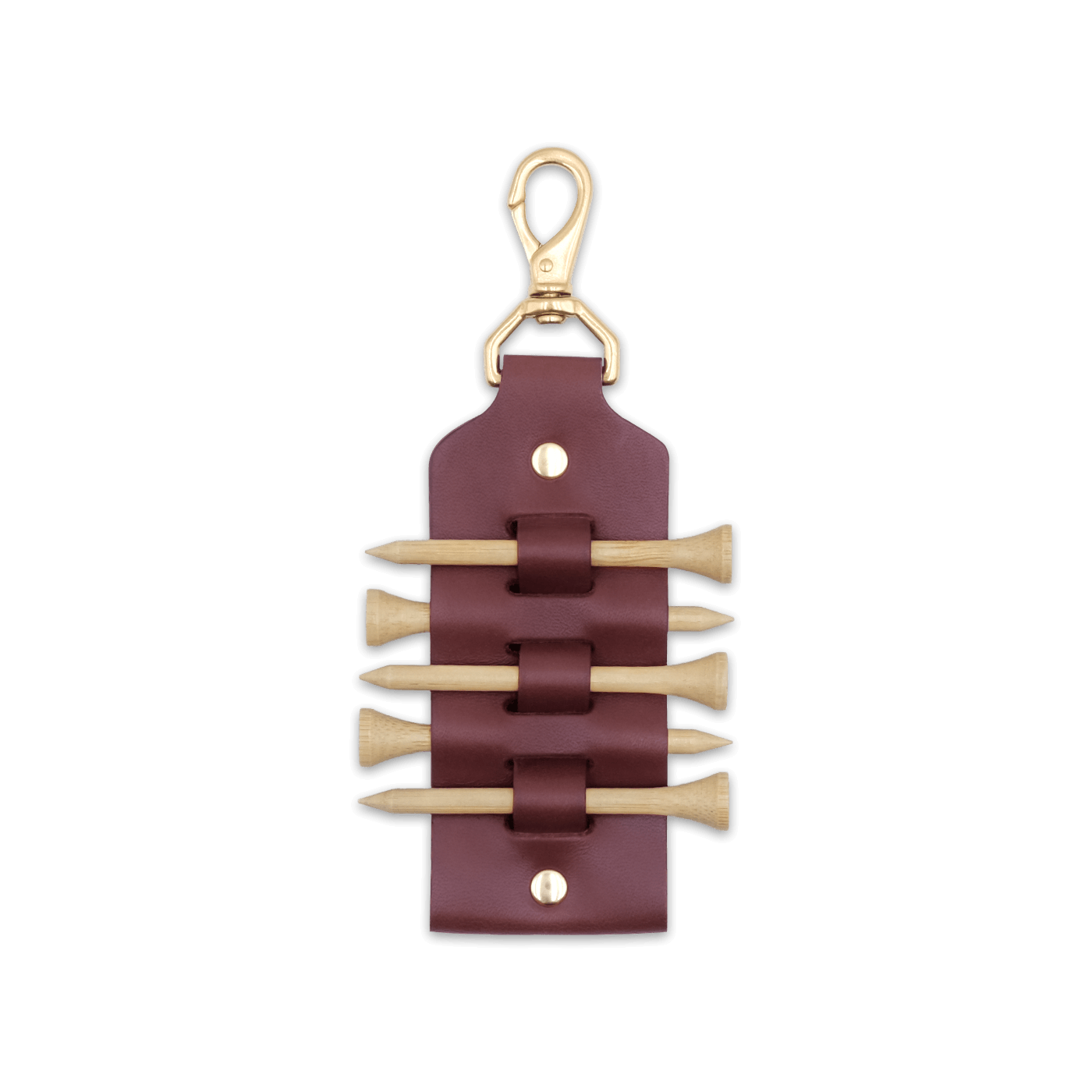 Burgundy leather Golf Tee Holder with 5 wood tees, and brass hardware.