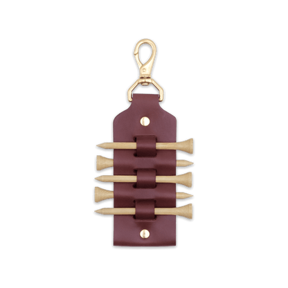 Burgundy leather Golf Tee Holder with 5 wood tees, and brass hardware.