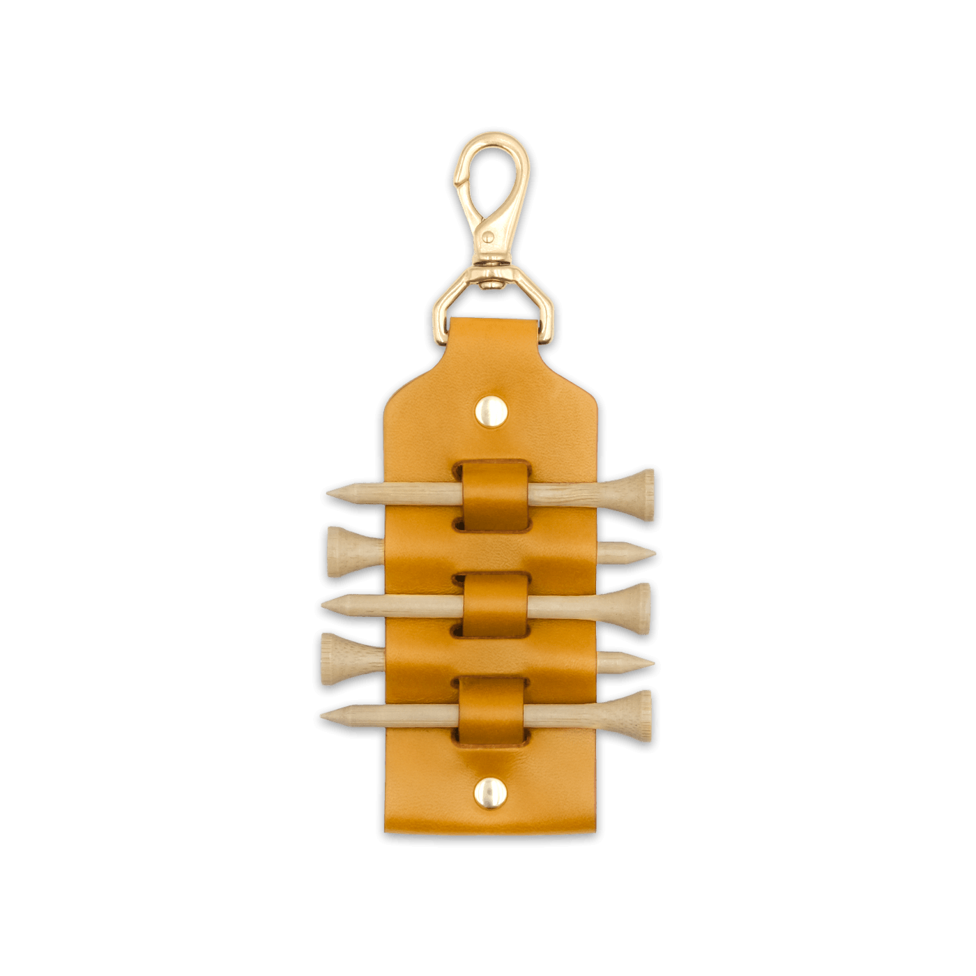 Gold leather Golf Tee Holder with 5 wood tees, and brass hardware.