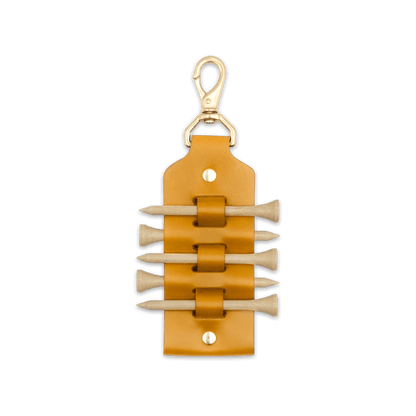 Gold leather Golf Tee Holder with 5 wood tees, and brass hardware.