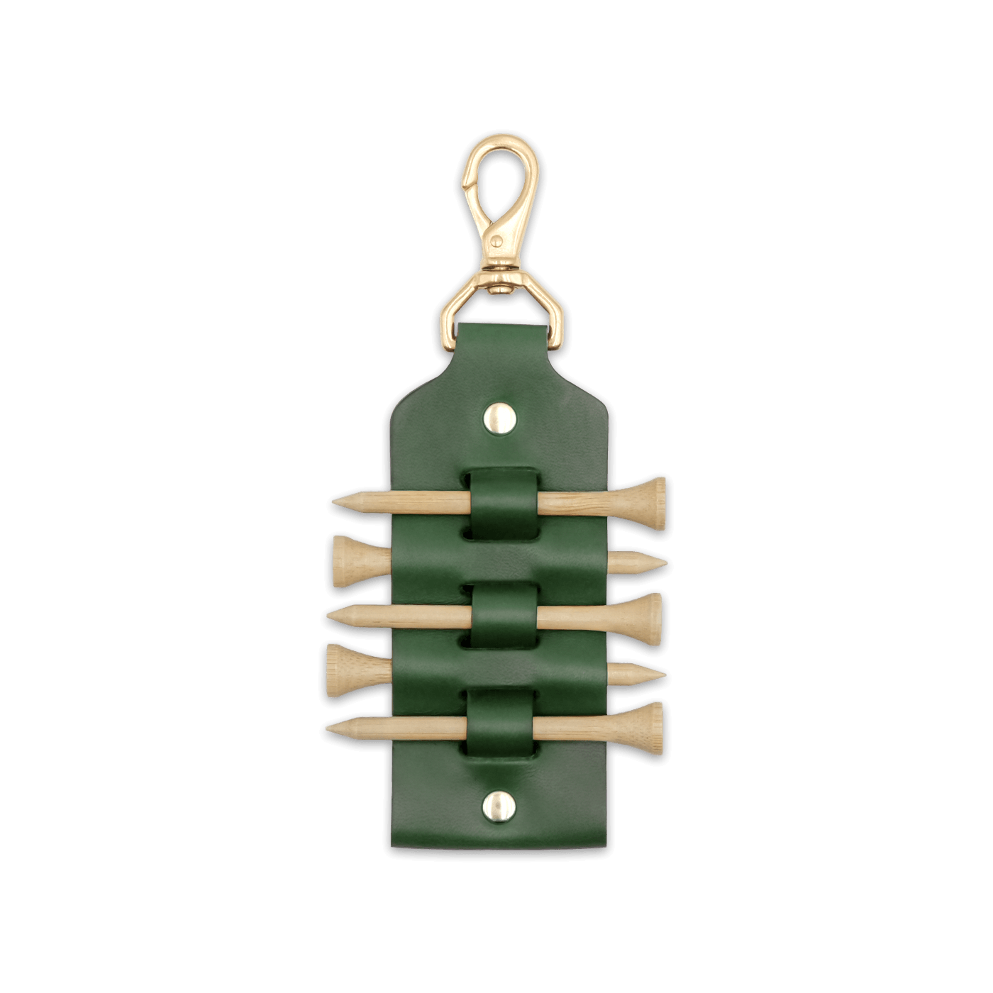 Green leather Golf Tee Holder with 5 wood tees, and brass hardware.