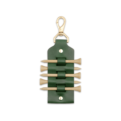 Green leather Golf Tee Holder with 5 wood tees, and brass hardware.