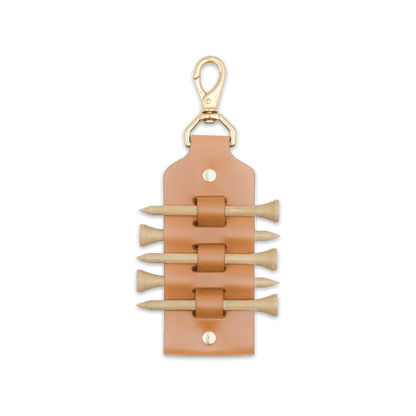 Tan leather Golf Tee Holder with 5 wood tees, and brass hardware.