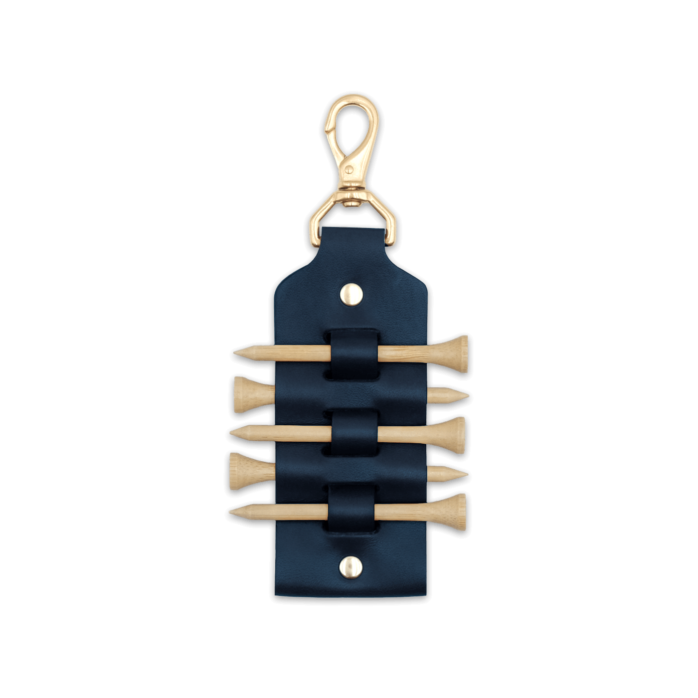 Navy leather Golf Tee Holder with 5 wood tees, and brass hardware.