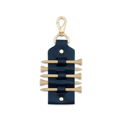 Navy leather Golf Tee Holder with 5 wood tees, and brass hardware.