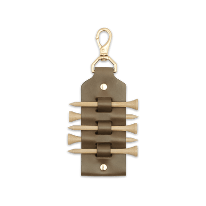 Olive leather Golf Tee Holder with 5 wood tees, and brass hardware.