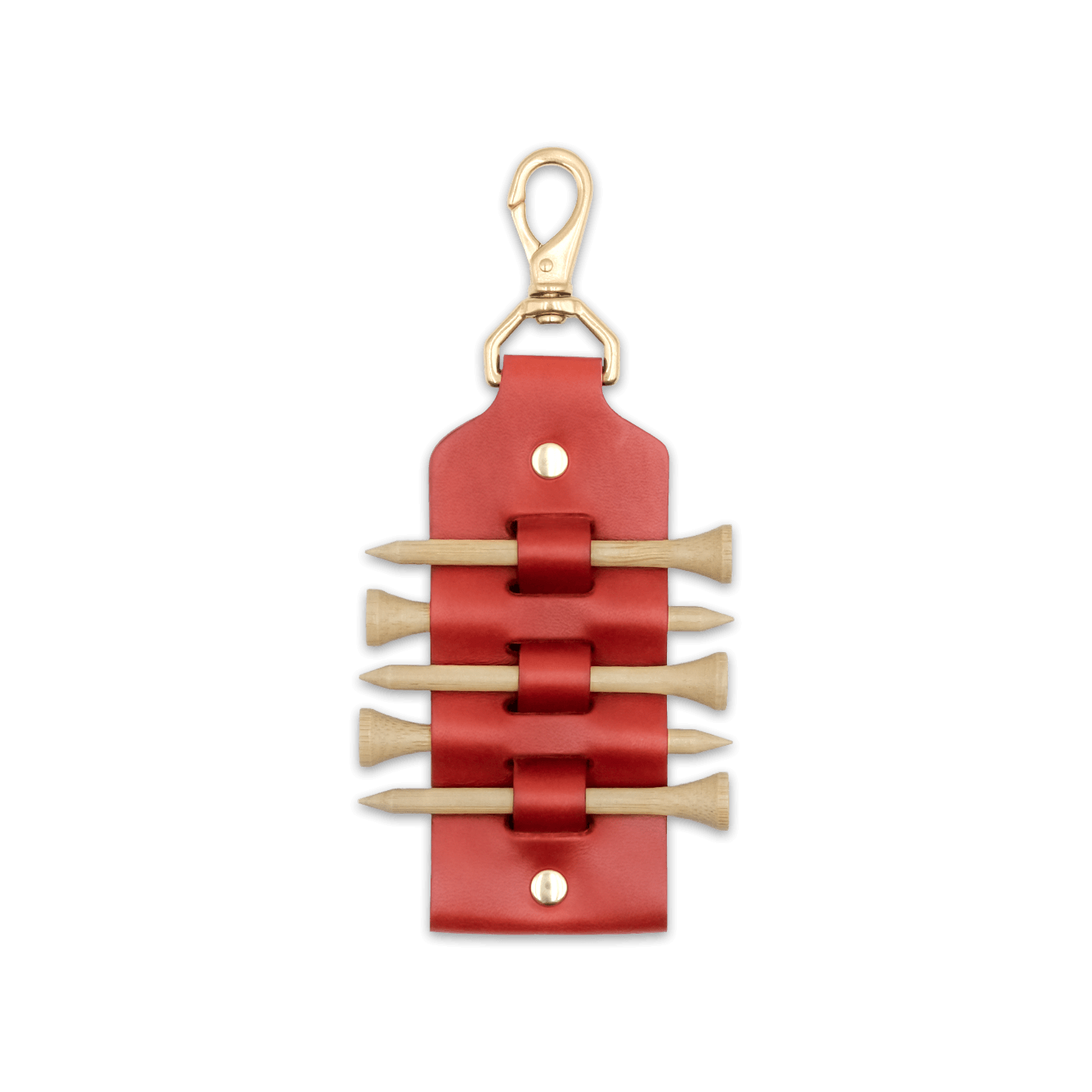 Red leather Golf Tee Holder with 5 wood tees, and brass hardware.