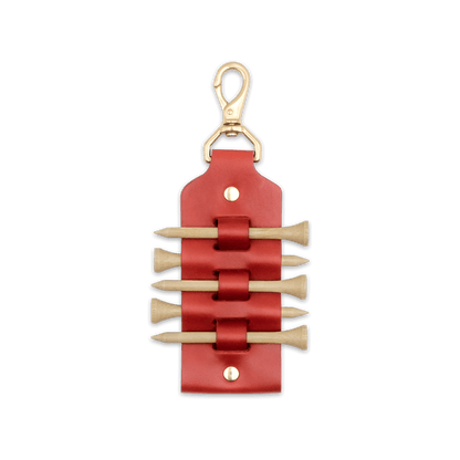 Red leather Golf Tee Holder with 5 wood tees, and brass hardware.