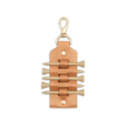 Tan leather Golf Tee Holder with 5 wood tees, and brass hardware.
