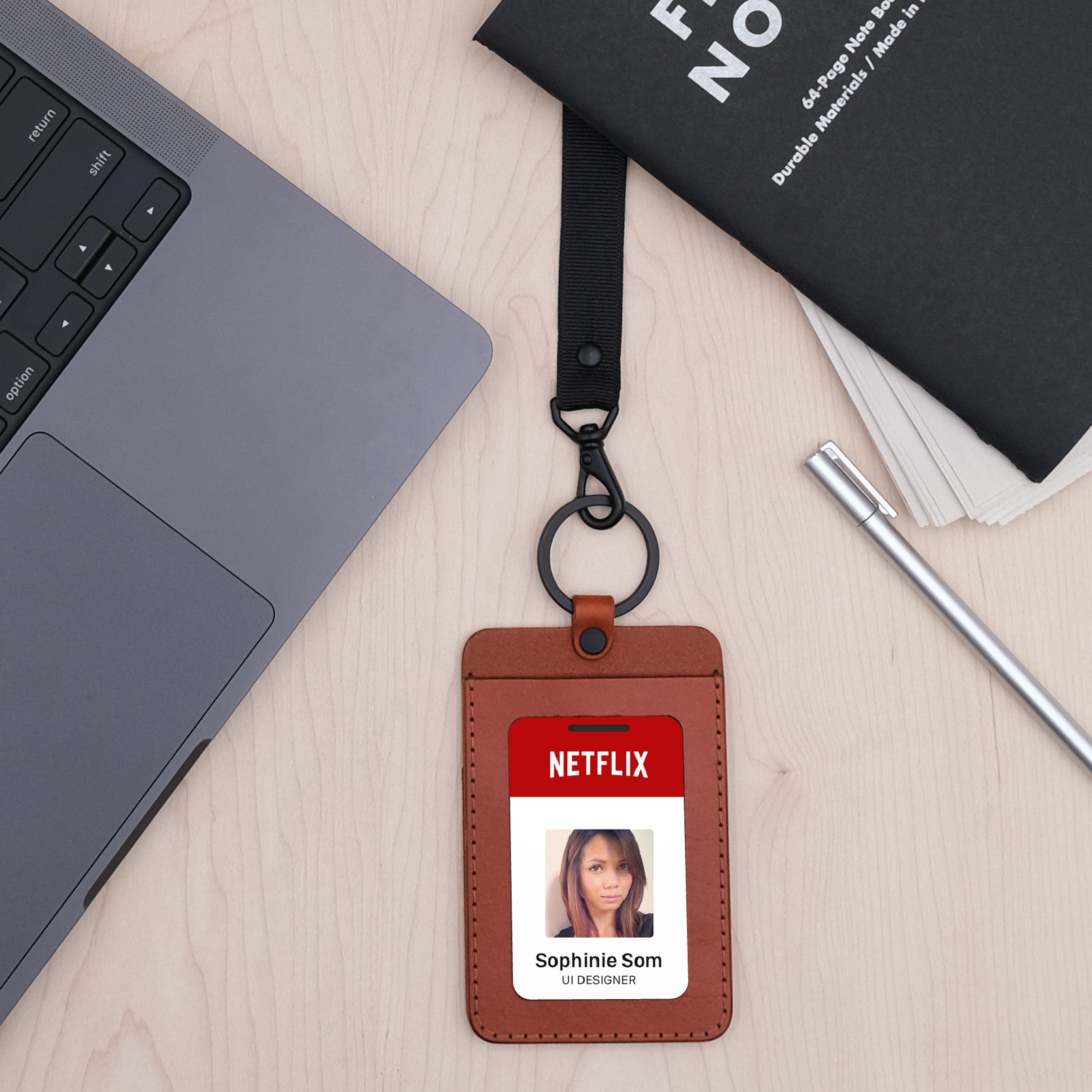 Woolly Made's ID Badge Holder on a table.