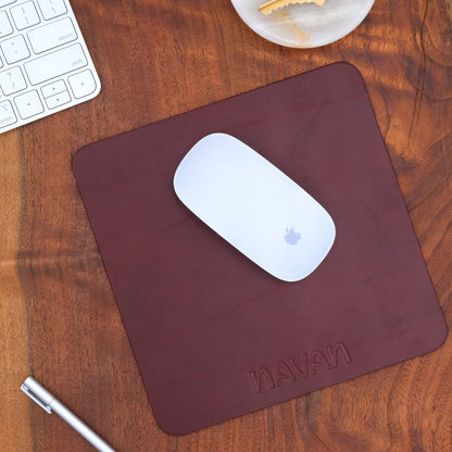 Woolly Made Leather Mouse Pad on a wooden table