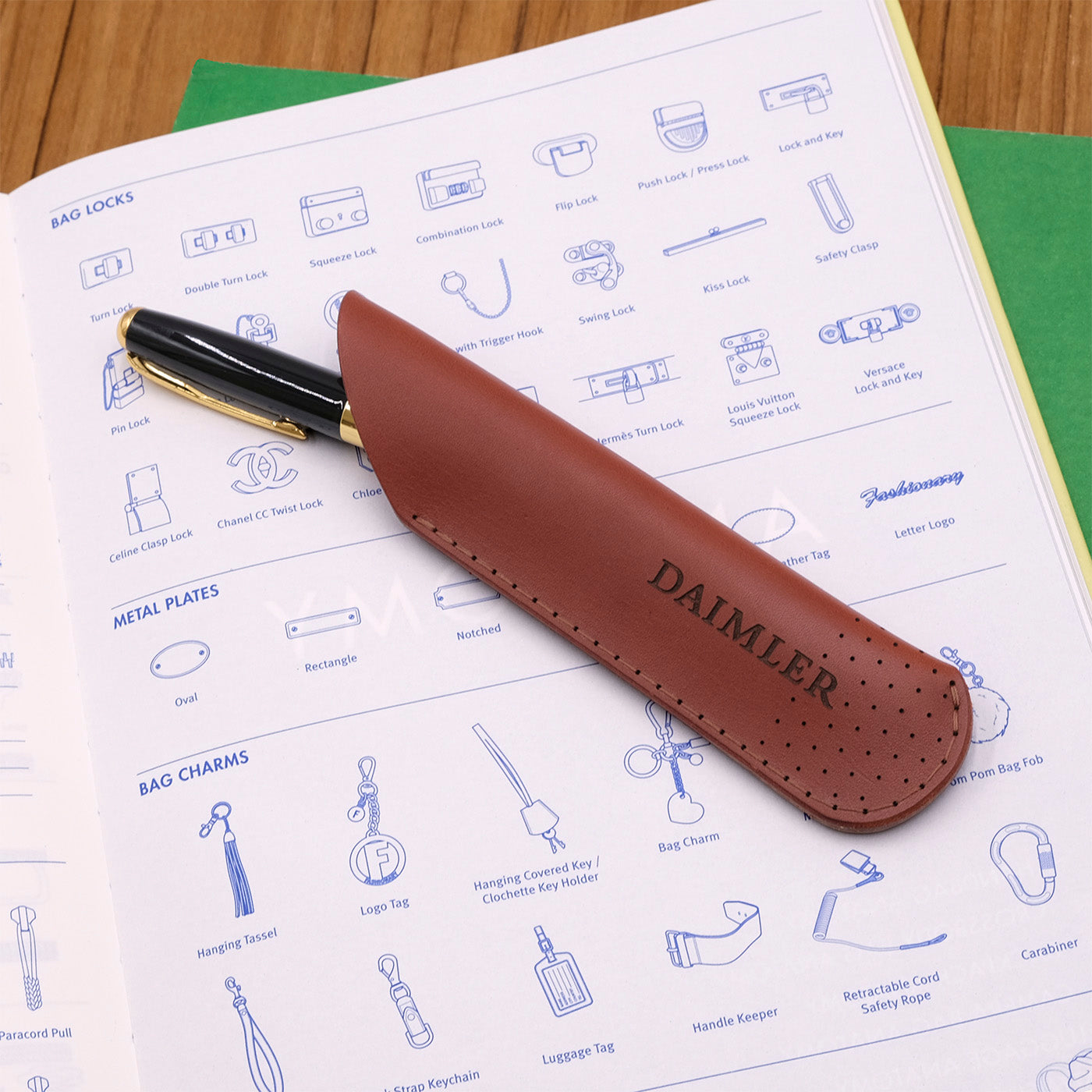 Woolly Made brown leather Pen Sheath with a laser engraved logo.