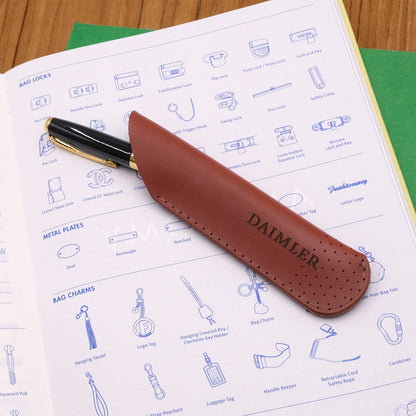 Woolly Made brown leather Pen Sheath with a laser engraved logo.