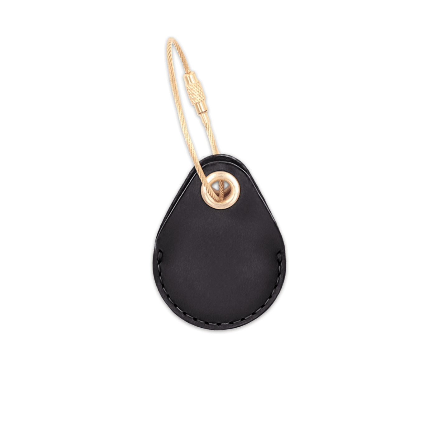 Black leather AirTag holder with brass luggage loop