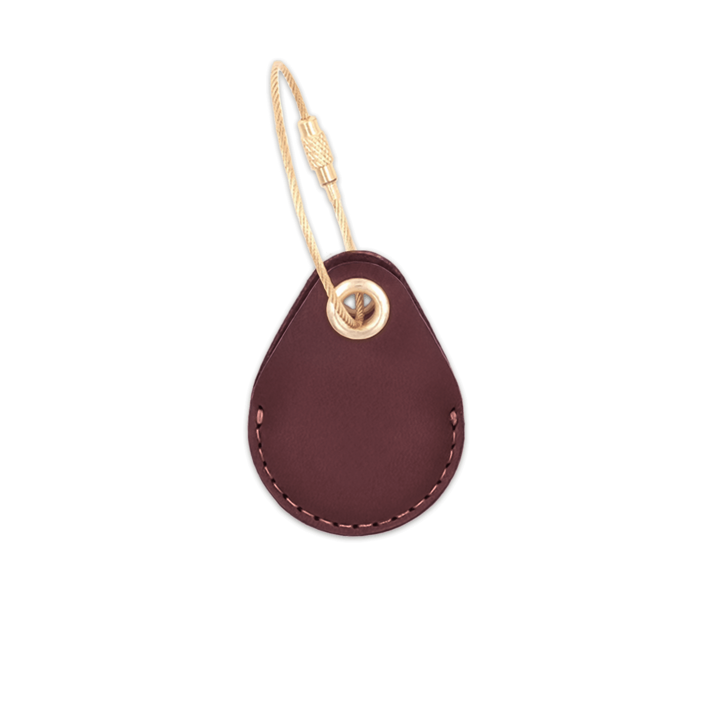 Burgundy leather AirTag holder with brass luggage loop